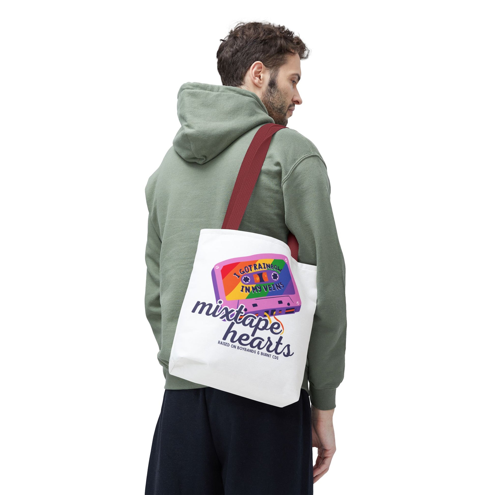 Raised on Boybands & Burnt CDs Tote Bag – Nostalgic Music Tote, Cute Tote, Gift for Fangirls, Fan Merchandise, Artsy Bag, AOP Design - Mixtape Hearts
