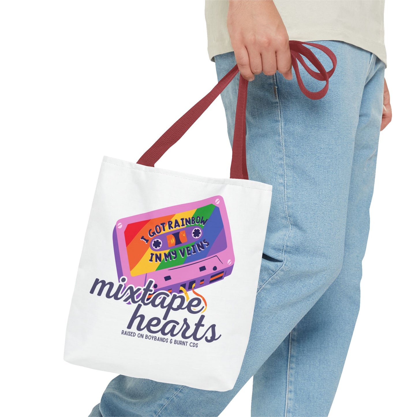Raised on Boybands & Burnt CDs Tote Bag – Nostalgic Music Tote, Cute Tote, Gift for Fangirls, Fan Merchandise, Artsy Bag, AOP Design - Mixtape Hearts
