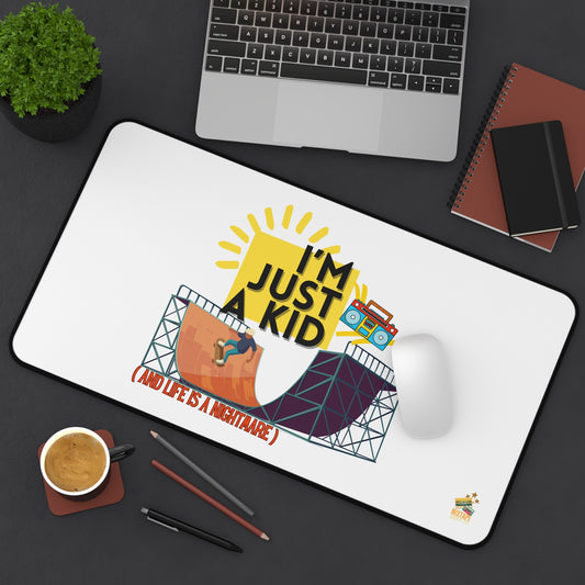 “I’m Just a Kid” – Skateboarder Desk Mat for Emotionally Draining Tasks - Fun & Playful Office Decor, Gamer Gift, Unique Desk Accessories, Motivational Gifts, Birthday Present - Mixtape Hearts