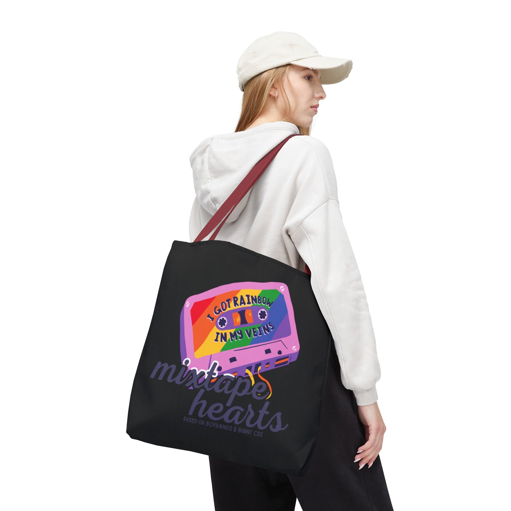 Raised on Boybands & Burnt CDs Tote Bag – Nostalgic Music Tote, Cute Tote, Gift for Fangirls, Fan Merchandise, Artsy Bag, AOP Design - Mixtape Hearts