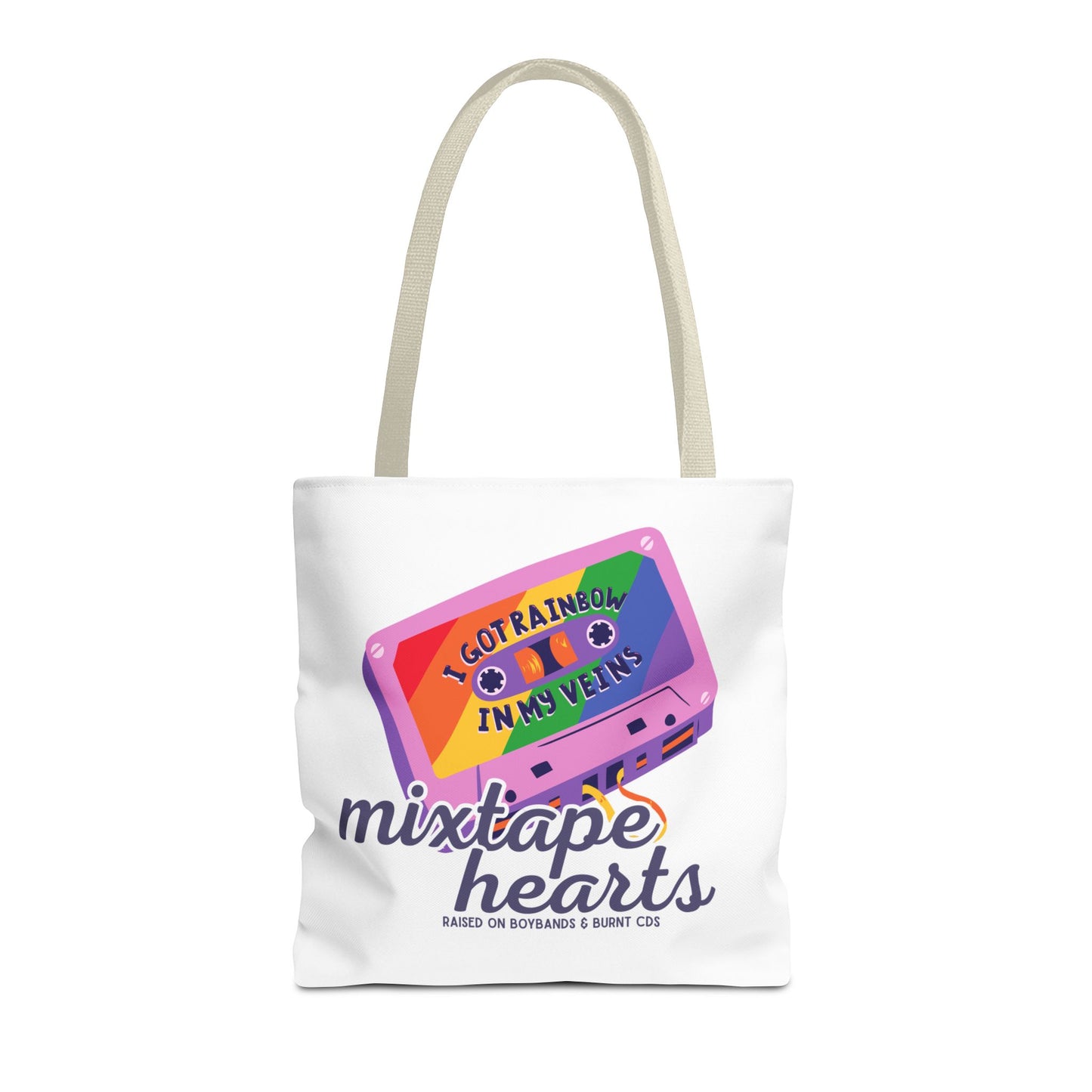Raised on Boybands & Burnt CDs Tote Bag – Nostalgic Music Tote, Cute Tote, Gift for Fangirls, Fan Merchandise, Artsy Bag, AOP Design - Mixtape Hearts