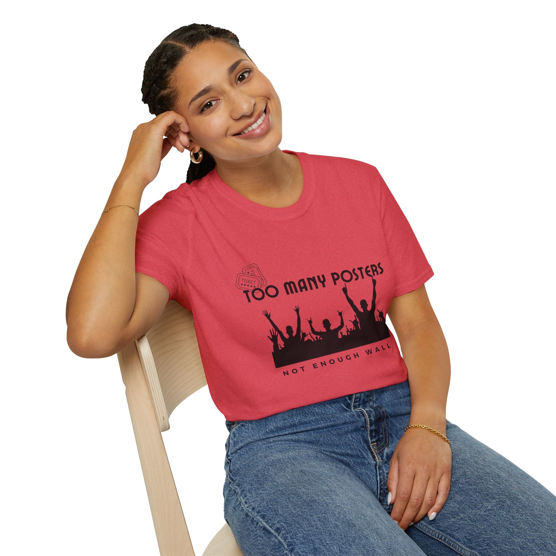 Too Many Posters, Not Enough Wall – 90s Nostalgia Unisex Tee| Gift for Walkman Fans, Vintage Style Tee, Casual Wear, Concert Outfit, Unisex Apparel - Mixtape Hearts