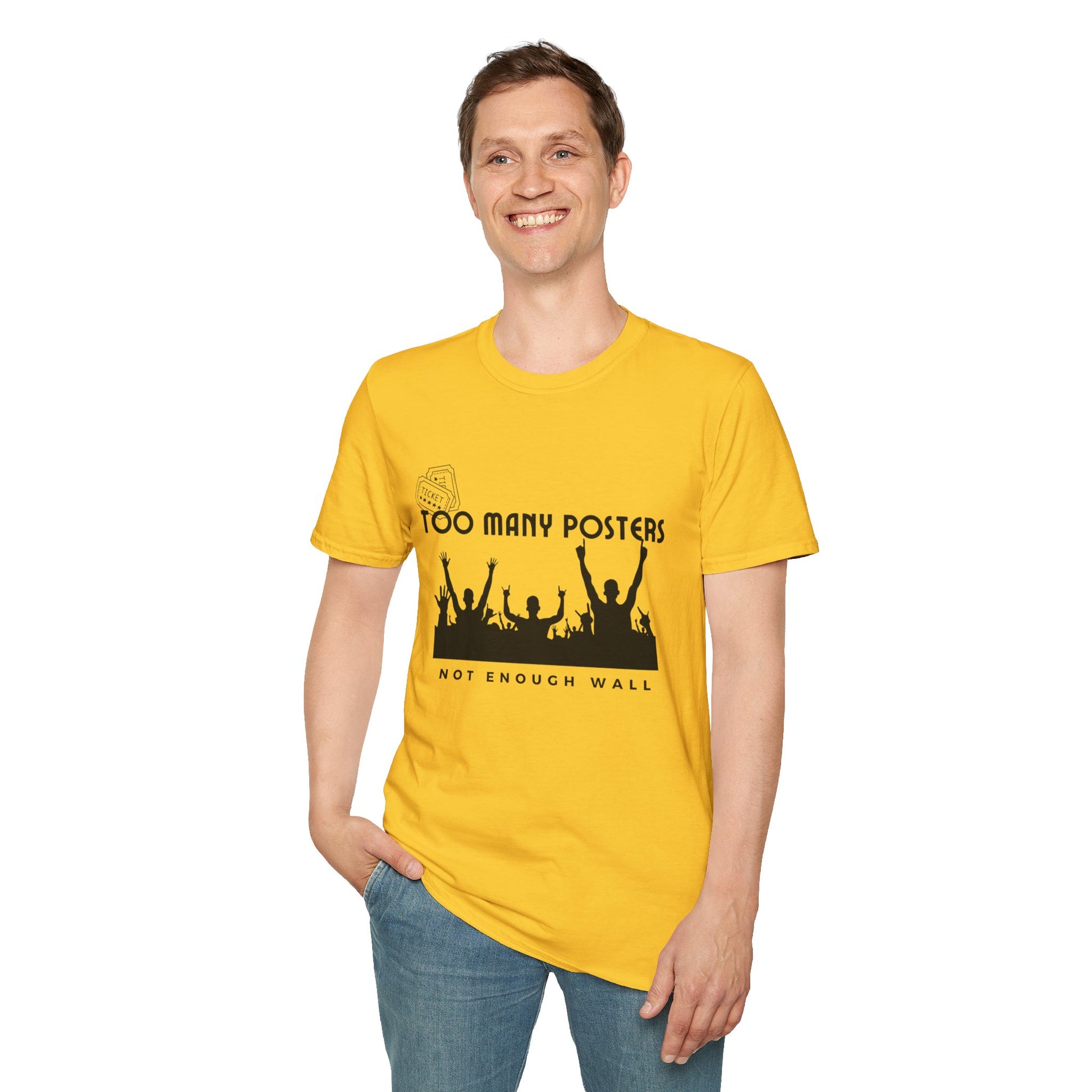 Too Many Posters, Not Enough Wall – 90s Nostalgia Unisex Tee| Gift for Walkman Fans, Vintage Style Tee, Casual Wear, Concert Outfit, Unisex Apparel - Mixtape Hearts