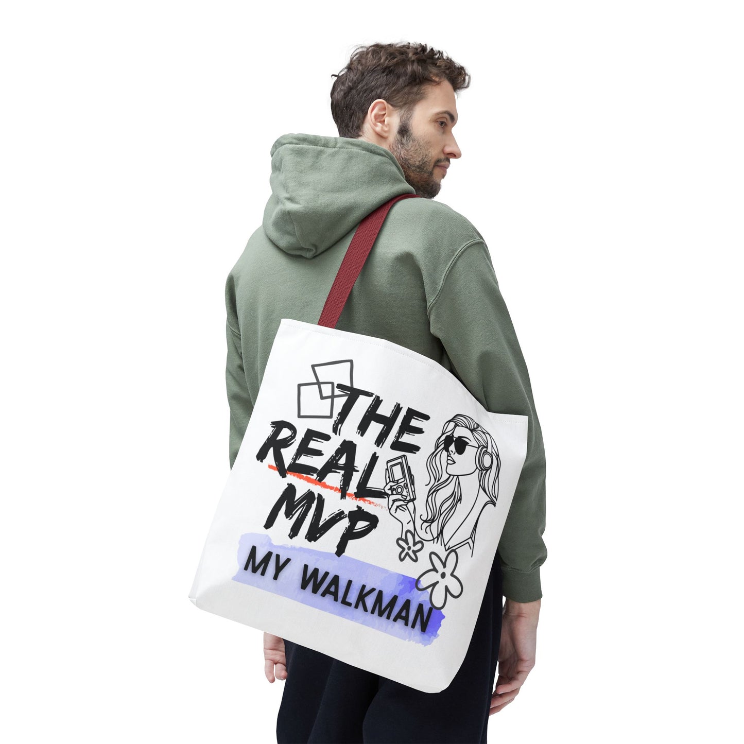 The Real MVP: My Walkman – Cassette Era Tote Bag - AOP, Fun and Stylish, Perfect for Music Lovers, Gift for Friends, Everyday Use, Beach Bag, Eco-Friendly - Mixtape Hearts