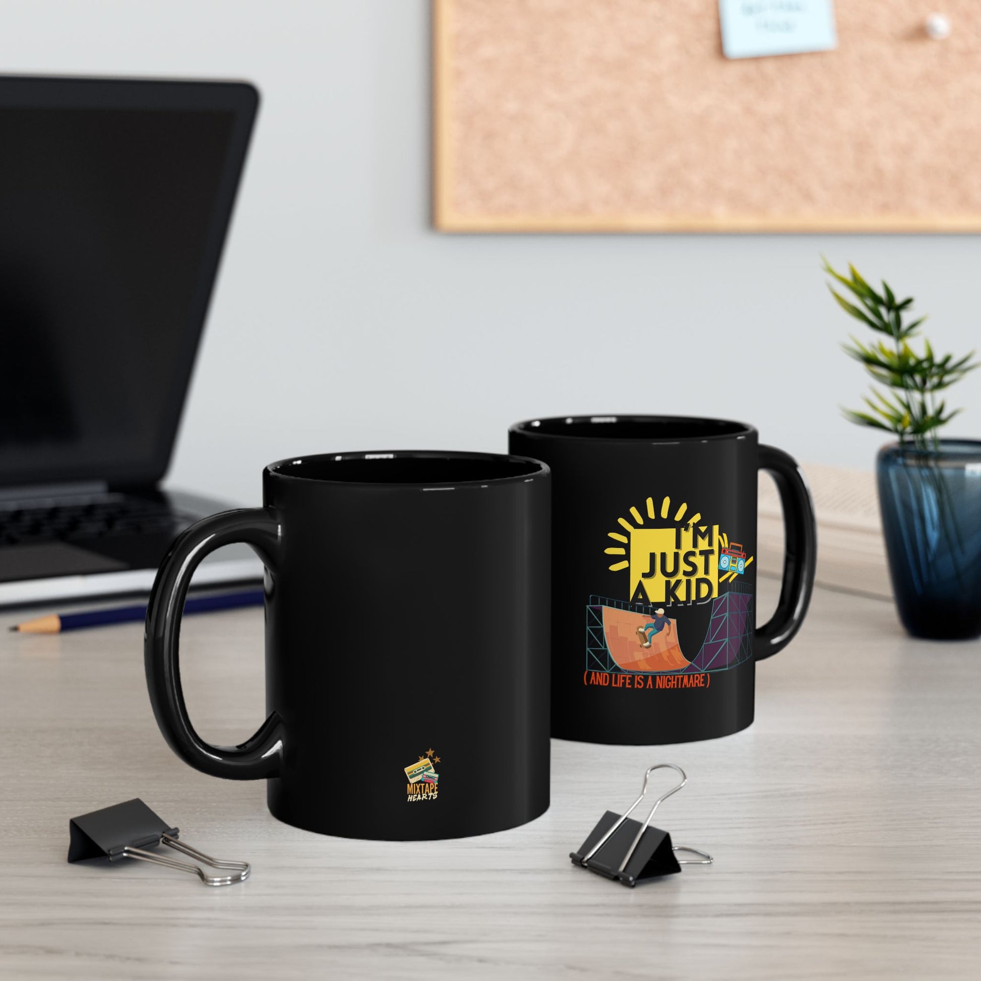 “I’m Just a Kid” Cry-While-Sipping Black Mug – Skateboarding Vibes, Perfect for Gifts, Birthdays, Coffee Lovers, Cheerful Home Decor - Mixtape Hearts
