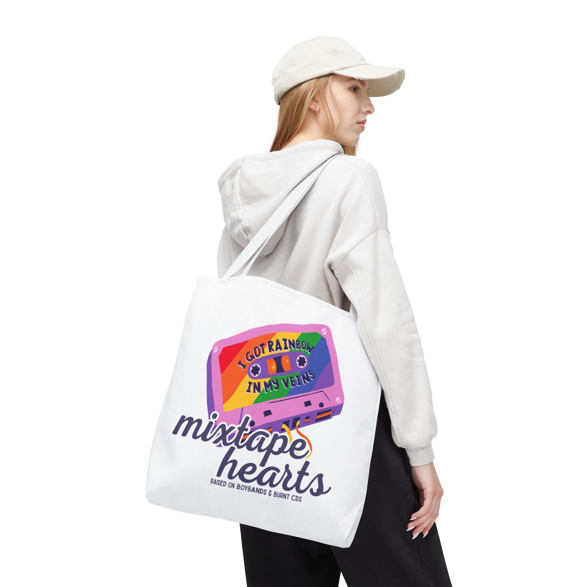 Raised on Boybands & Burnt CDs Tote Bag – Nostalgic Music Tote, Cute Tote, Gift for Fangirls, Fan Merchandise, Artsy Bag, AOP Design - Mixtape Hearts