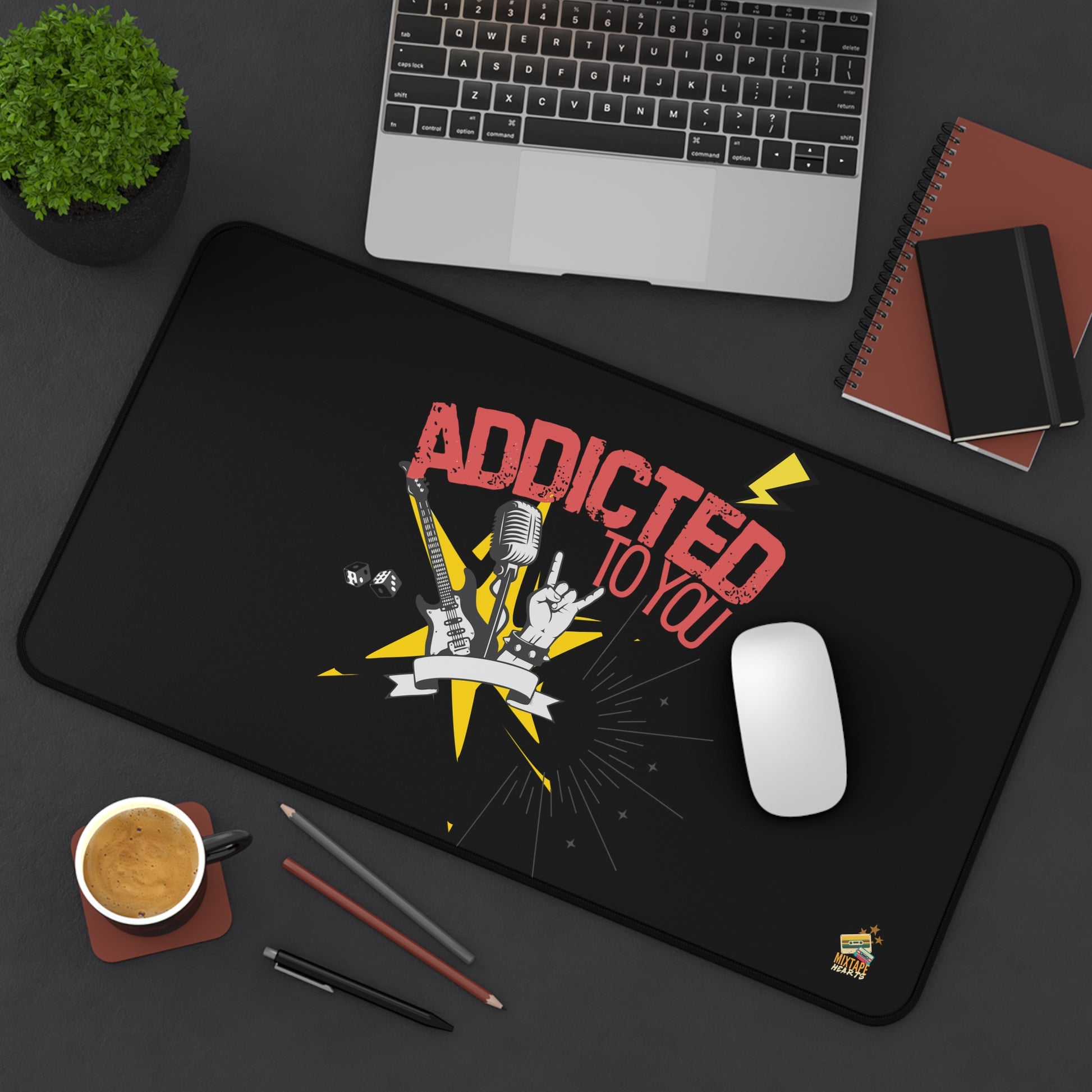 "Addicted to You" – Desktop Drama Mat| Music Lover Gift | Home Office Decor | Gamer's Desk Accessories | Music Theme - Mixtape Hearts