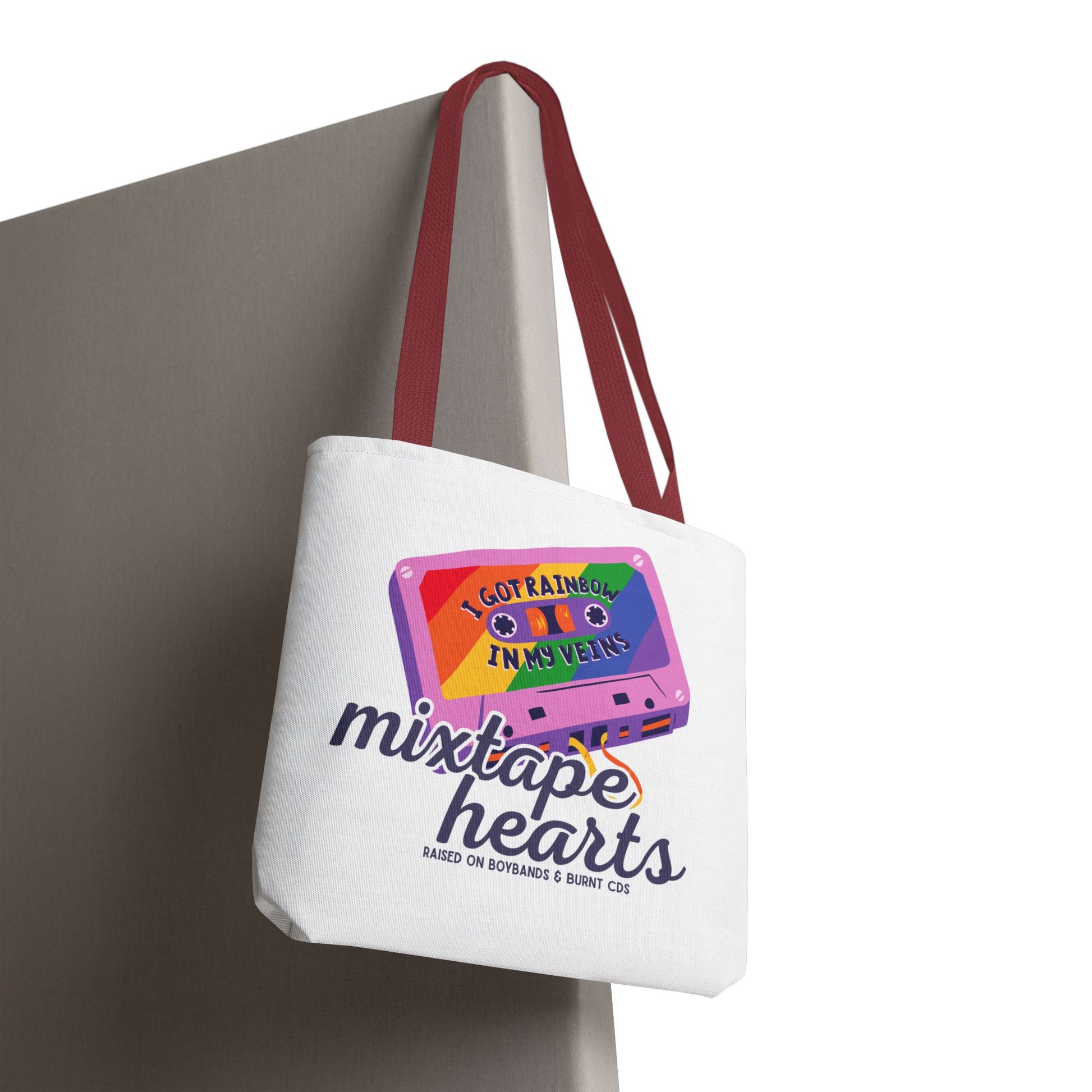 Raised on Boybands & Burnt CDs Tote Bag – Nostalgic Music Tote, Cute Tote, Gift for Fangirls, Fan Merchandise, Artsy Bag, AOP Design - Mixtape Hearts