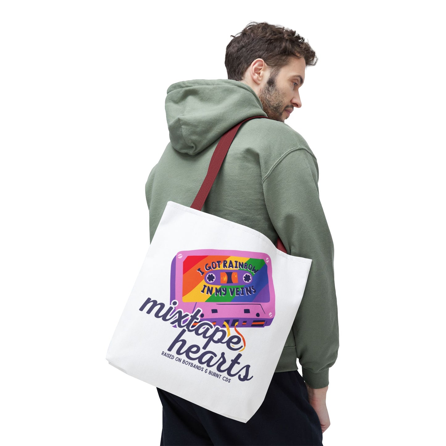 Raised on Boybands & Burnt CDs Tote Bag – Nostalgic Music Tote, Cute Tote, Gift for Fangirls, Fan Merchandise, Artsy Bag, AOP Design - Mixtape Hearts