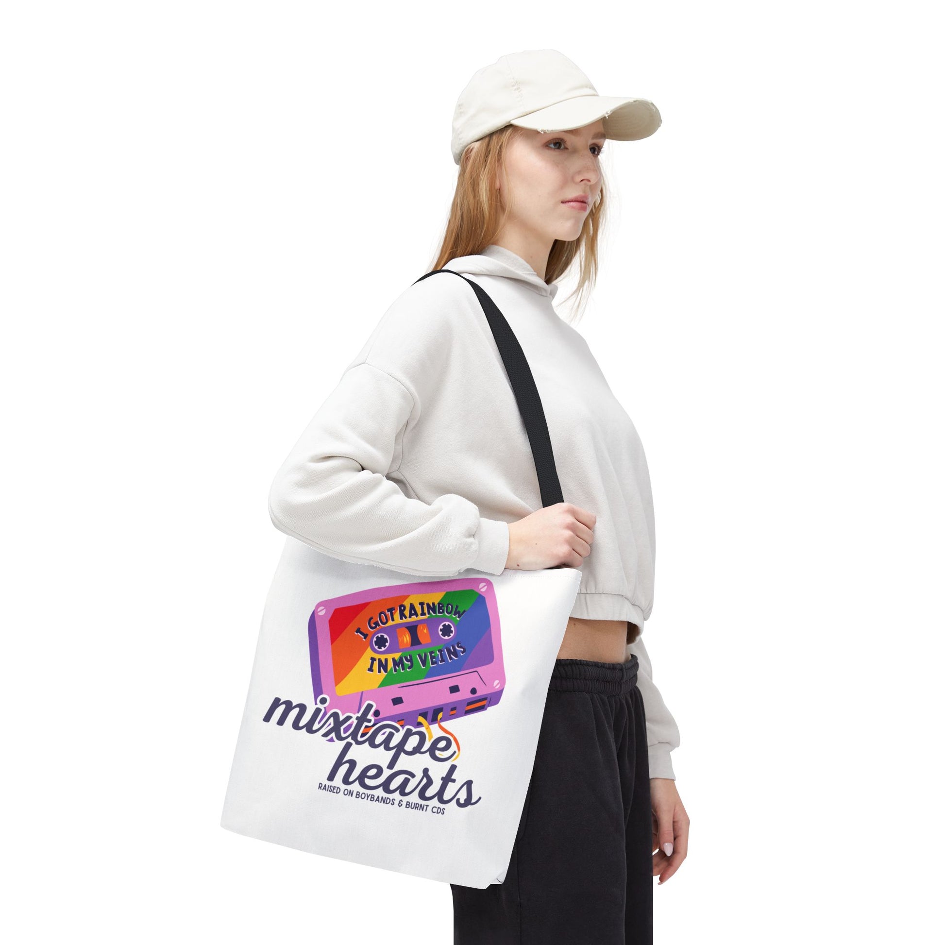Raised on Boybands & Burnt CDs Tote Bag – Nostalgic Music Tote, Cute Tote, Gift for Fangirls, Fan Merchandise, Artsy Bag, AOP Design - Mixtape Hearts
