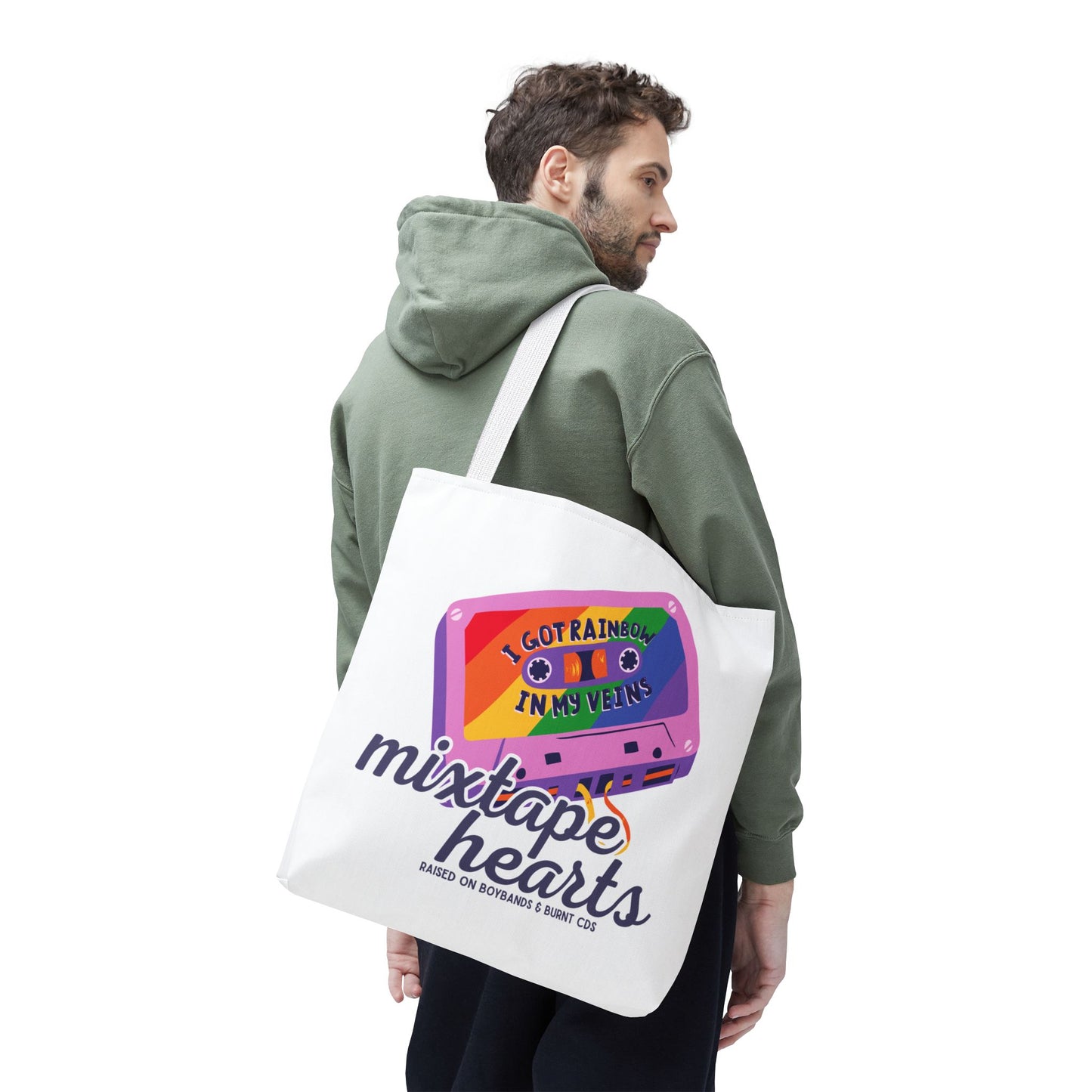 Raised on Boybands & Burnt CDs Tote Bag – Nostalgic Music Tote, Cute Tote, Gift for Fangirls, Fan Merchandise, Artsy Bag, AOP Design - Mixtape Hearts