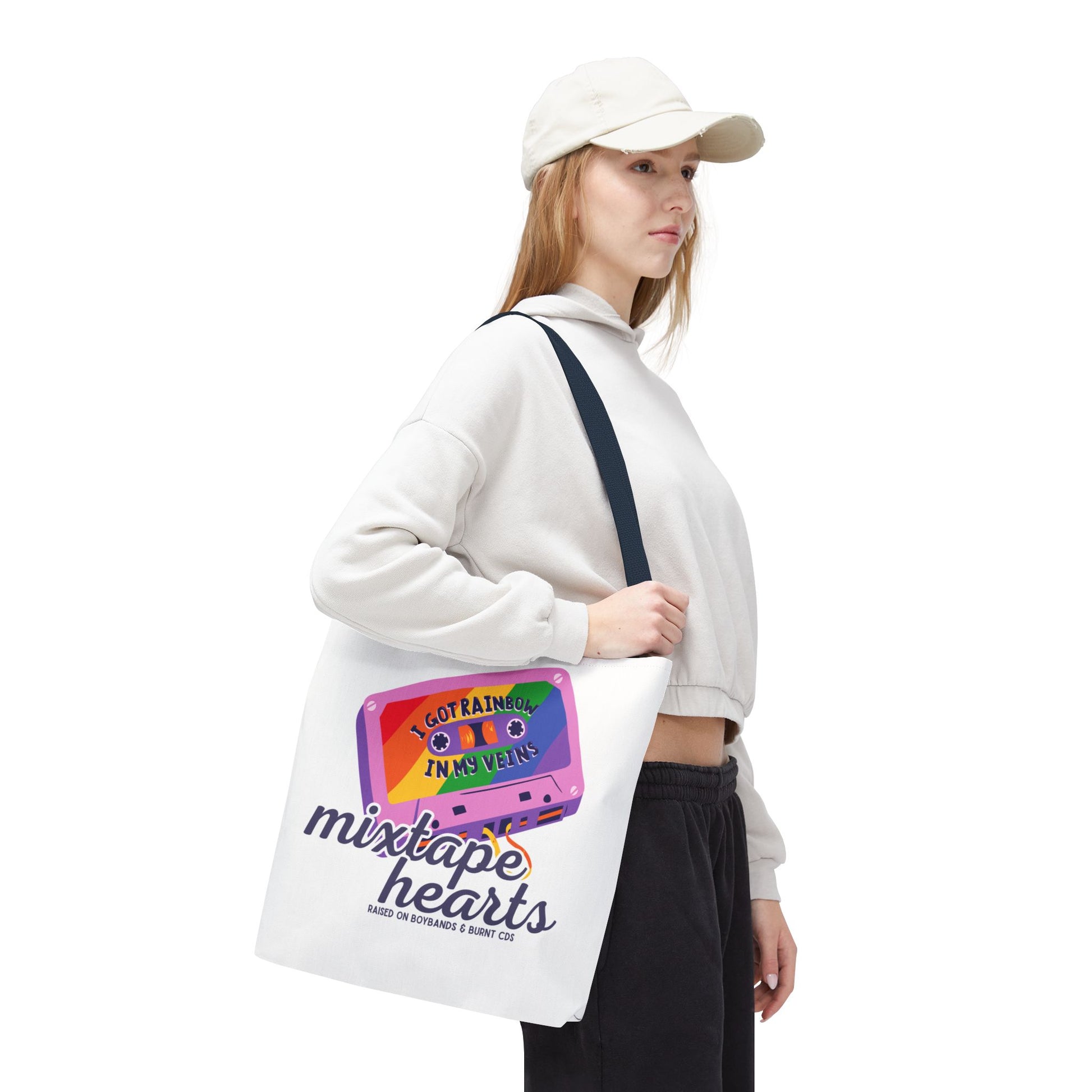 Raised on Boybands & Burnt CDs Tote Bag – Nostalgic Music Tote, Cute Tote, Gift for Fangirls, Fan Merchandise, Artsy Bag, AOP Design - Mixtape Hearts