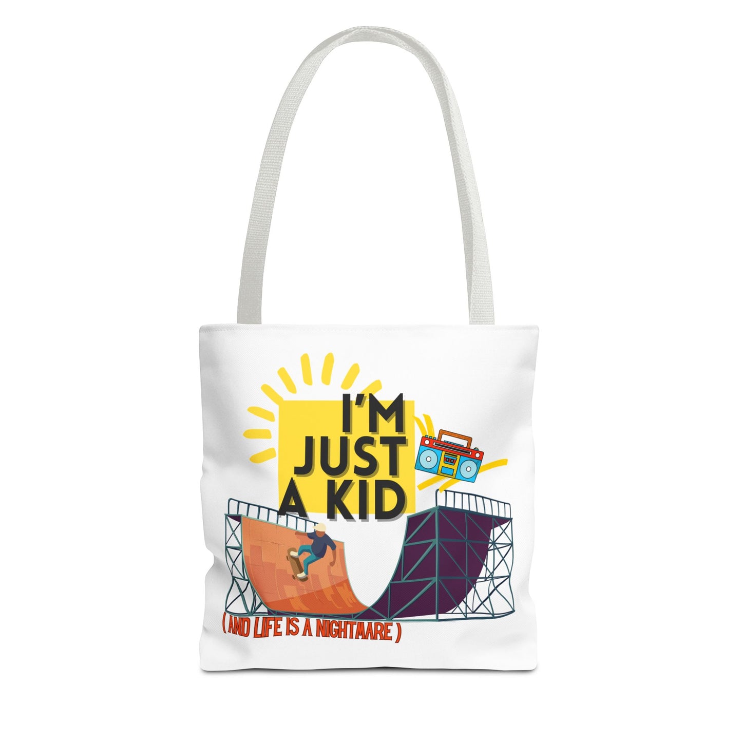 “I’m Just a Kid” Emotional Baggage Tote, Fun Kids Tote, Birthday Gift, School Bag, Everyday Essentials, AOP Design - Mixtape Hearts