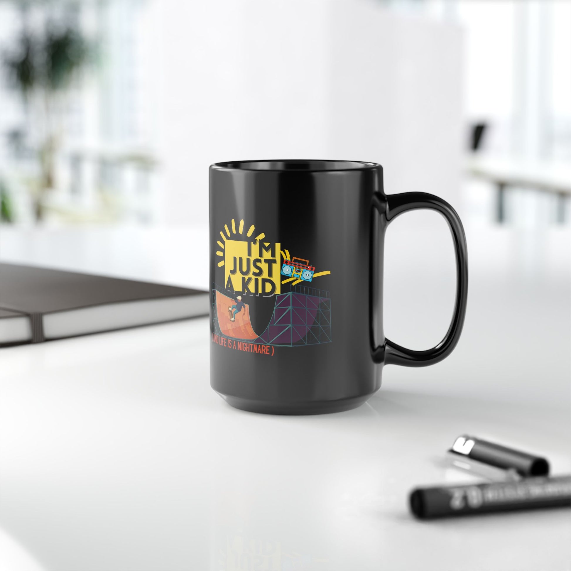 “I’m Just a Kid” Cry-While-Sipping Black Mug – Skateboarding Vibes, Perfect for Gifts, Birthdays, Coffee Lovers, Cheerful Home Decor - Mixtape Hearts