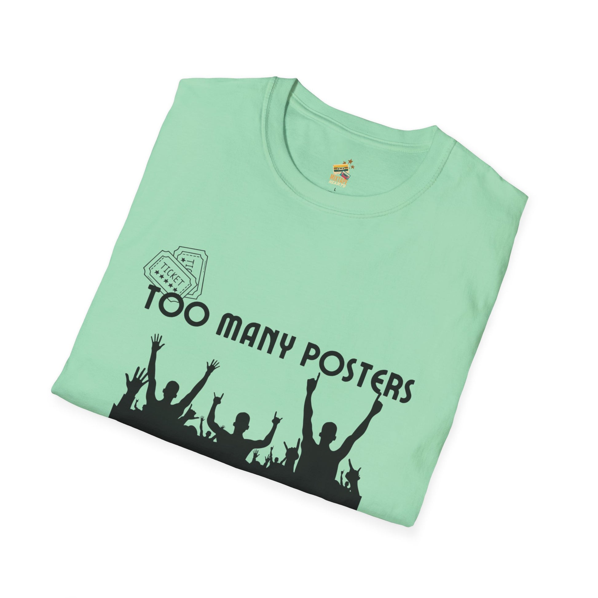 Too Many Posters, Not Enough Wall – 90s Nostalgia Unisex Tee| Gift for Walkman Fans, Vintage Style Tee, Casual Wear, Concert Outfit, Unisex Apparel - Mixtape Hearts