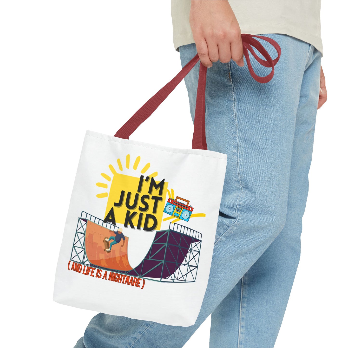 “I’m Just a Kid” Emotional Baggage Tote, Fun Kids Tote, Birthday Gift, School Bag, Everyday Essentials, AOP Design - Mixtape Hearts