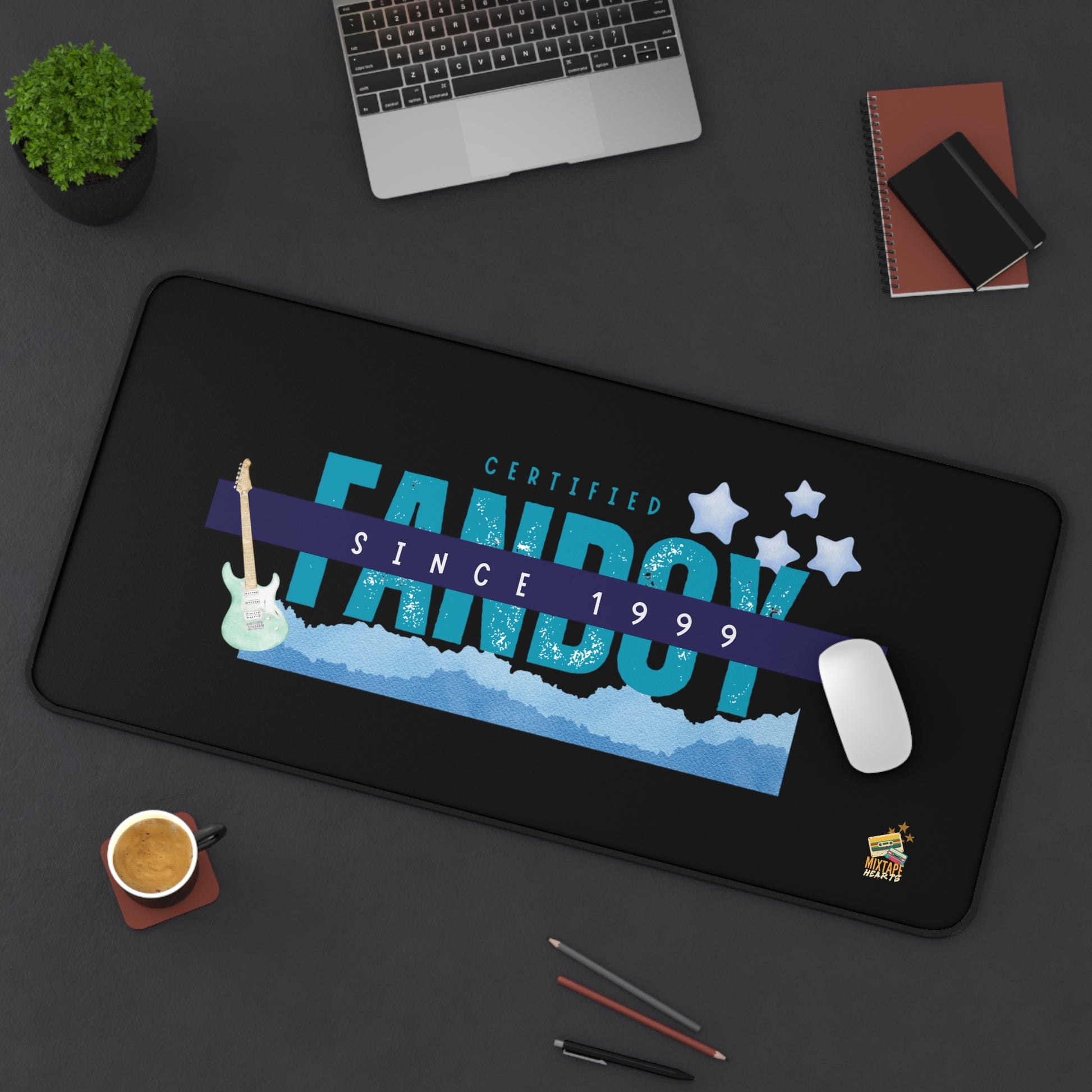Certified Fanboy Since 1999 – Retro Vibes Desk Mat – Pop Music Desk Mat - Perfect for Home Office, Gamer Setup, School, Gift for Fans, Music Lovers, Birthday - Mixtape Hearts