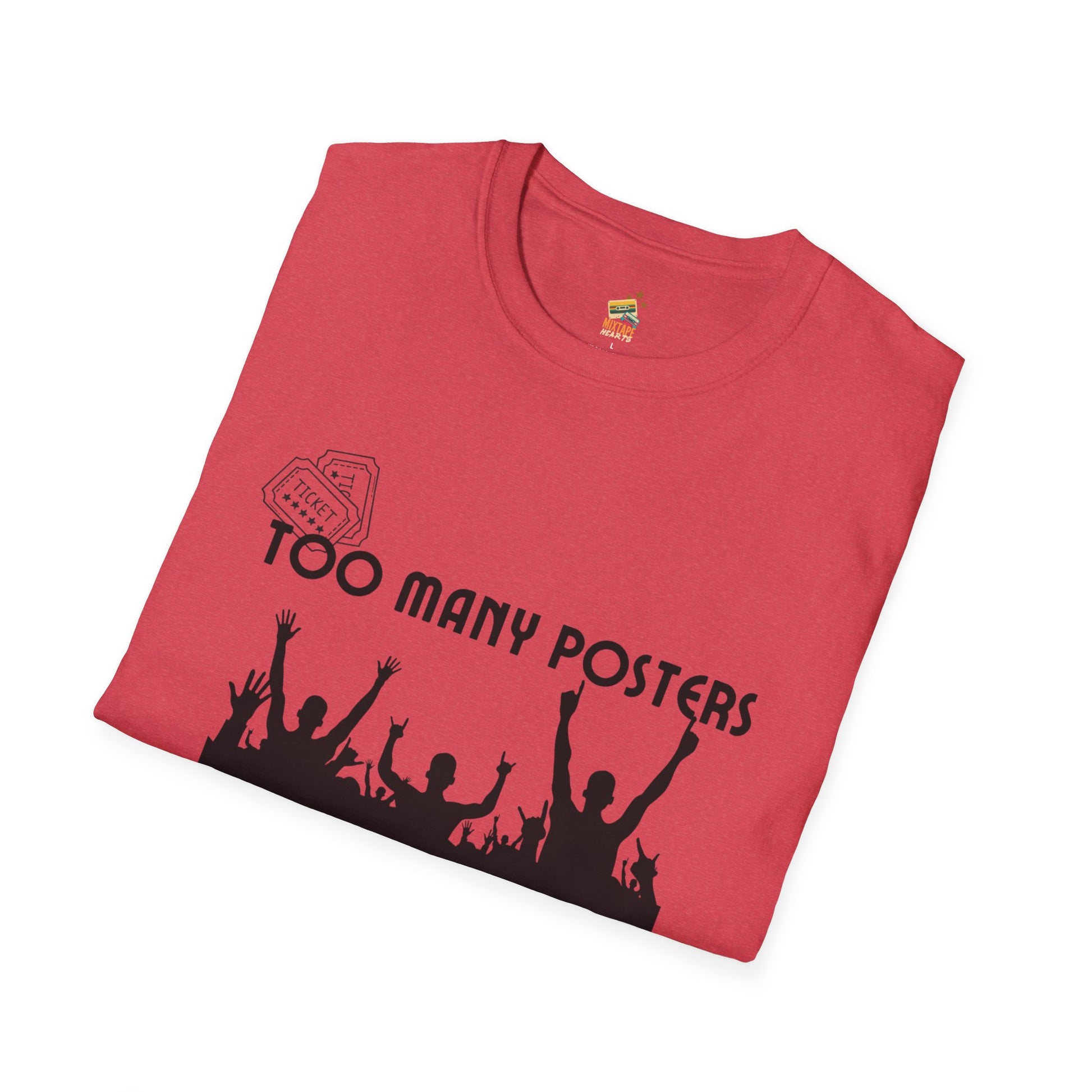 Too Many Posters, Not Enough Wall – 90s Nostalgia Unisex Tee| Gift for Walkman Fans, Vintage Style Tee, Casual Wear, Concert Outfit, Unisex Apparel - Mixtape Hearts