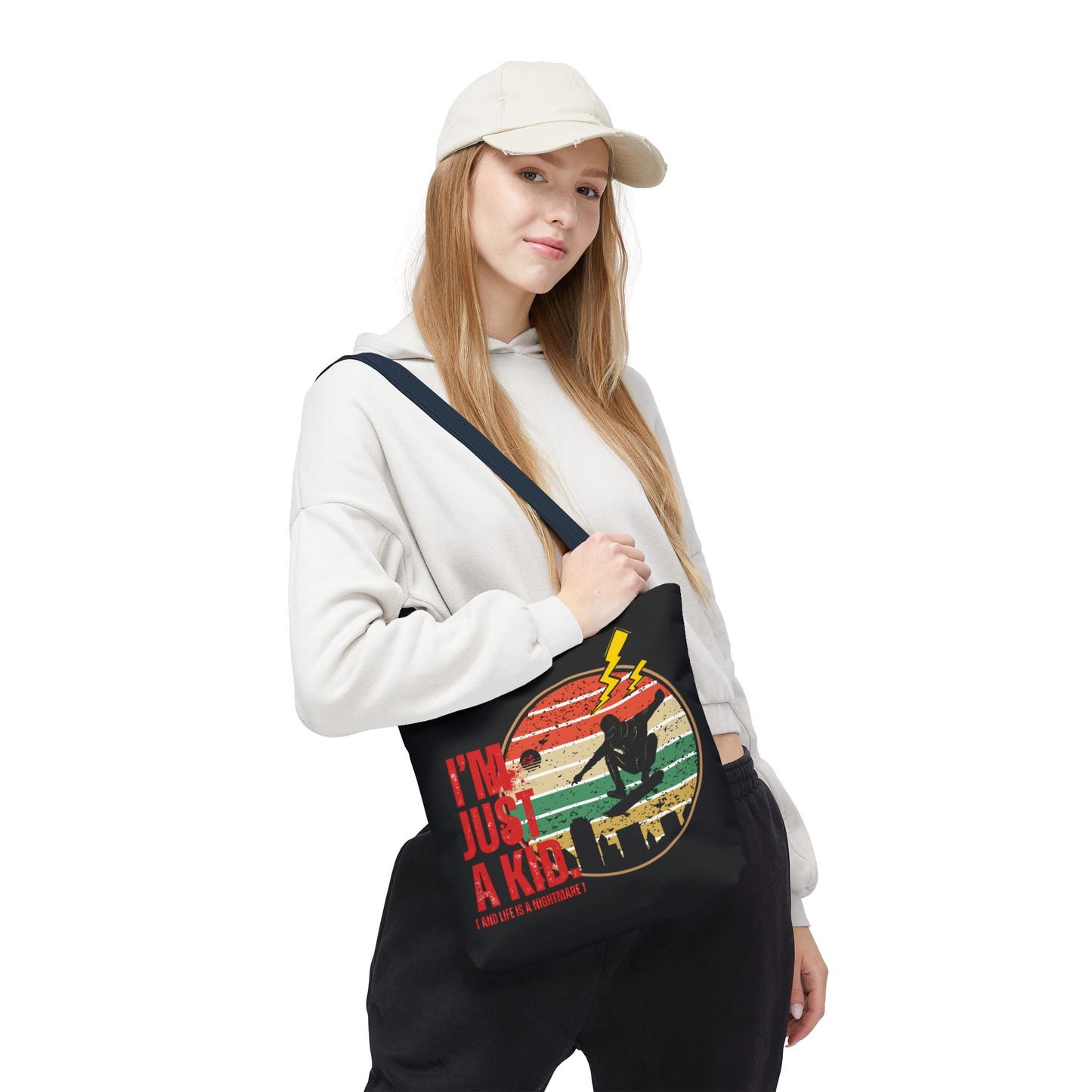 I’m Just a Kid Tote Bag – 2000s Pop Punk Aesthetic Canvas Bag for Emo Fans | Fun and Stylish Carryall | Great for School, Beach, Gifts, Everyday Use, AOP Design - Mixtape Hearts