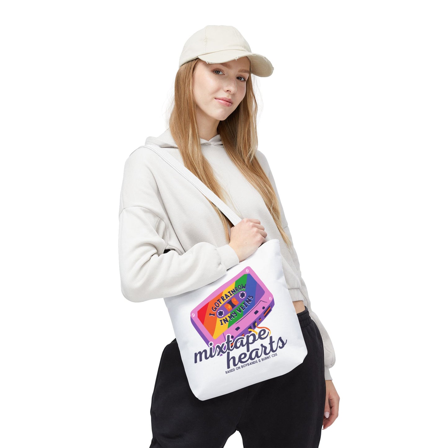 Raised on Boybands & Burnt CDs Tote Bag – Nostalgic Music Tote, Cute Tote, Gift for Fangirls, Fan Merchandise, Artsy Bag, AOP Design - Mixtape Hearts