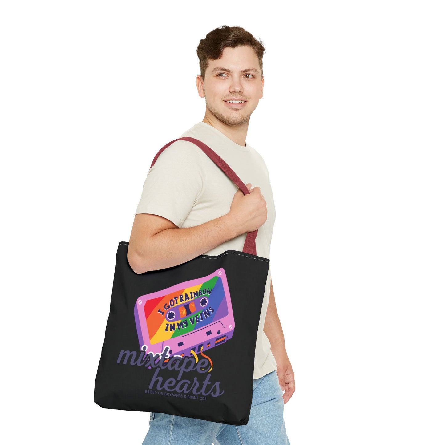 Raised on Boybands & Burnt CDs Tote Bag – Nostalgic Music Tote, Cute Tote, Gift for Fangirls, Fan Merchandise, Artsy Bag, AOP Design - Mixtape Hearts