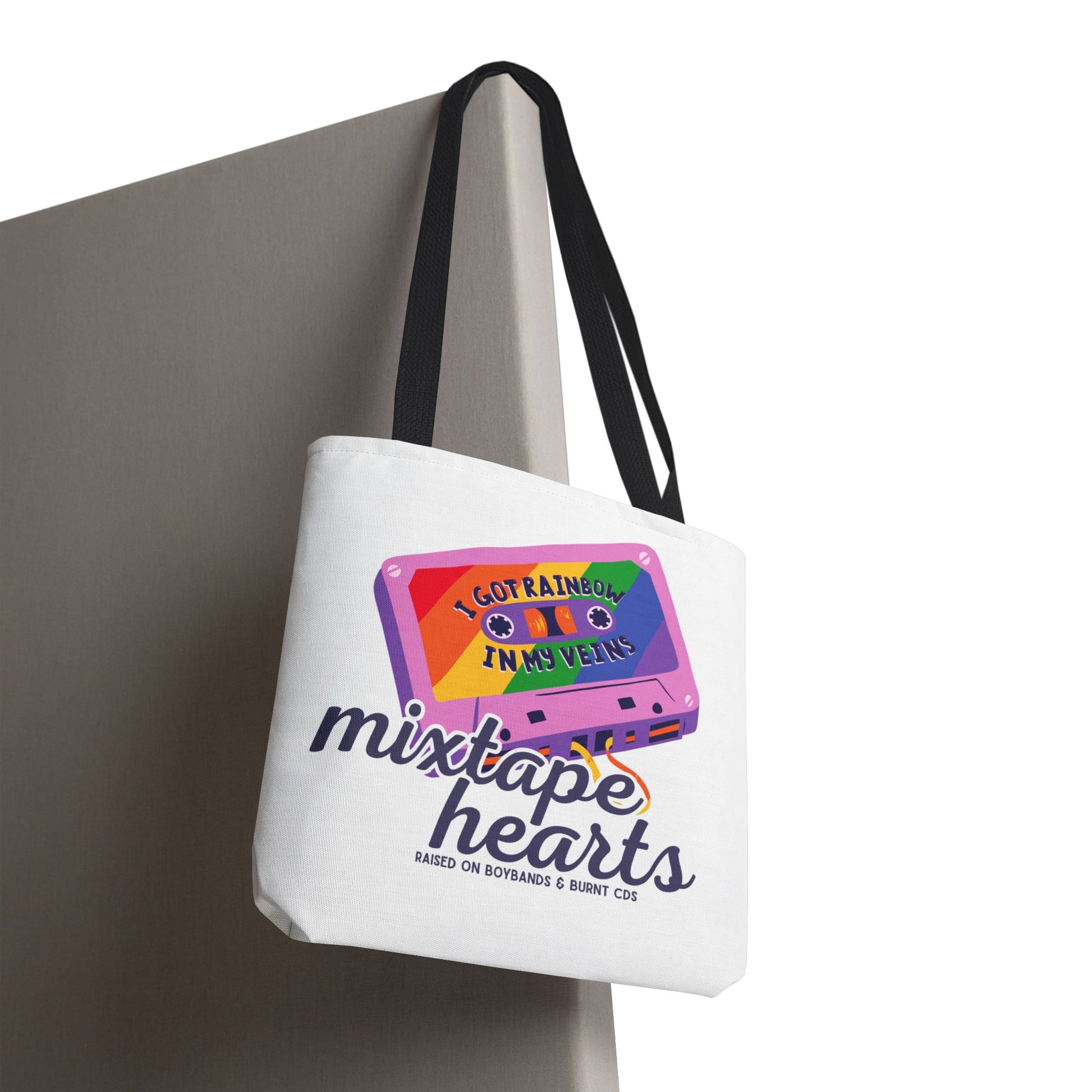Raised on Boybands & Burnt CDs Tote Bag – Nostalgic Music Tote, Cute Tote, Gift for Fangirls, Fan Merchandise, Artsy Bag, AOP Design - Mixtape Hearts