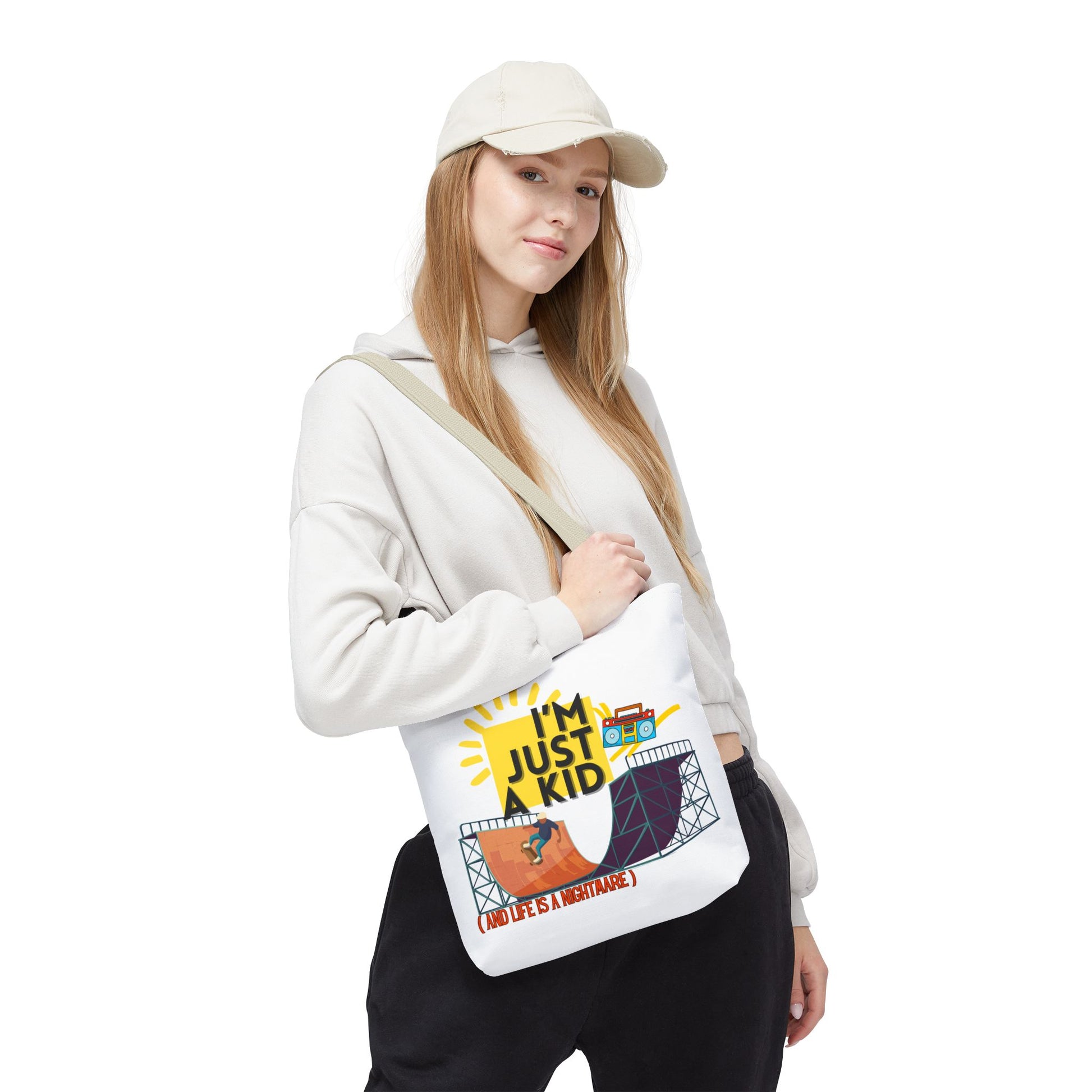 “I’m Just a Kid” Emotional Baggage Tote, Fun Kids Tote, Birthday Gift, School Bag, Everyday Essentials, AOP Design - Mixtape Hearts
