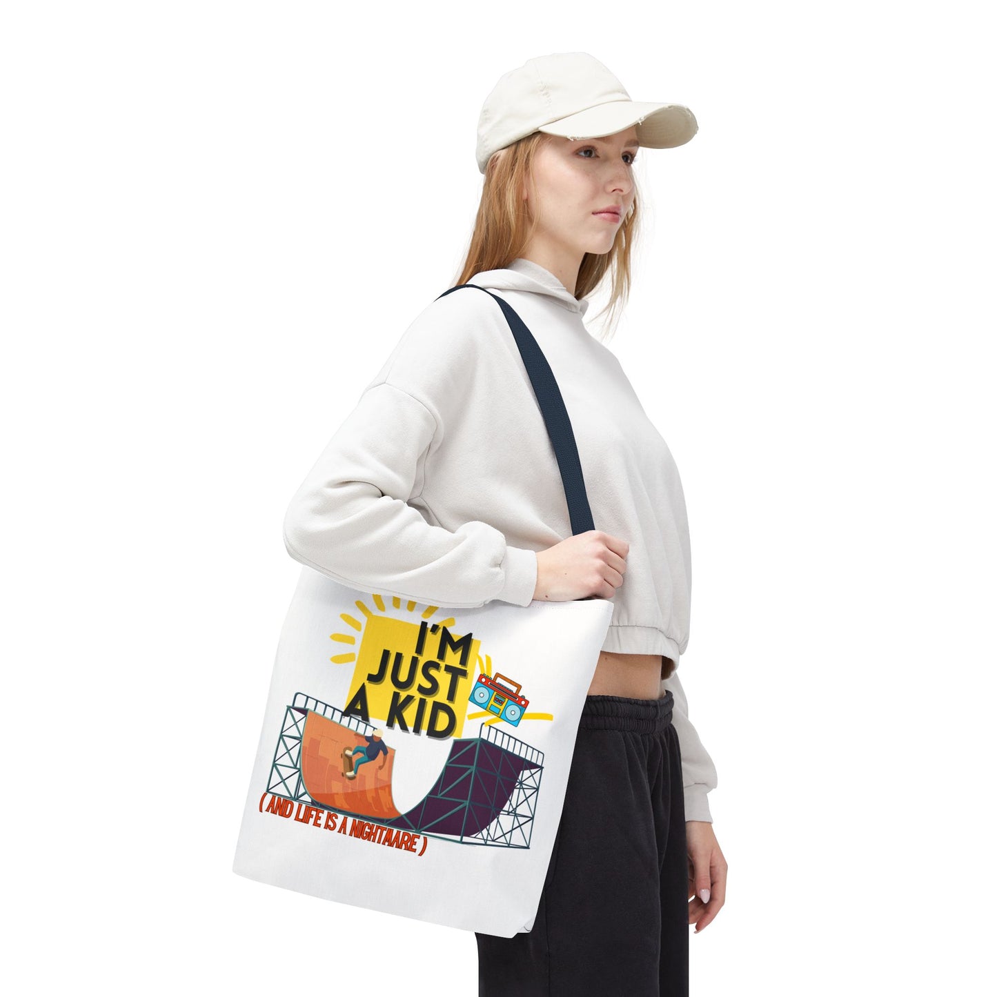 “I’m Just a Kid” Emotional Baggage Tote, Fun Kids Tote, Birthday Gift, School Bag, Everyday Essentials, AOP Design - Mixtape Hearts