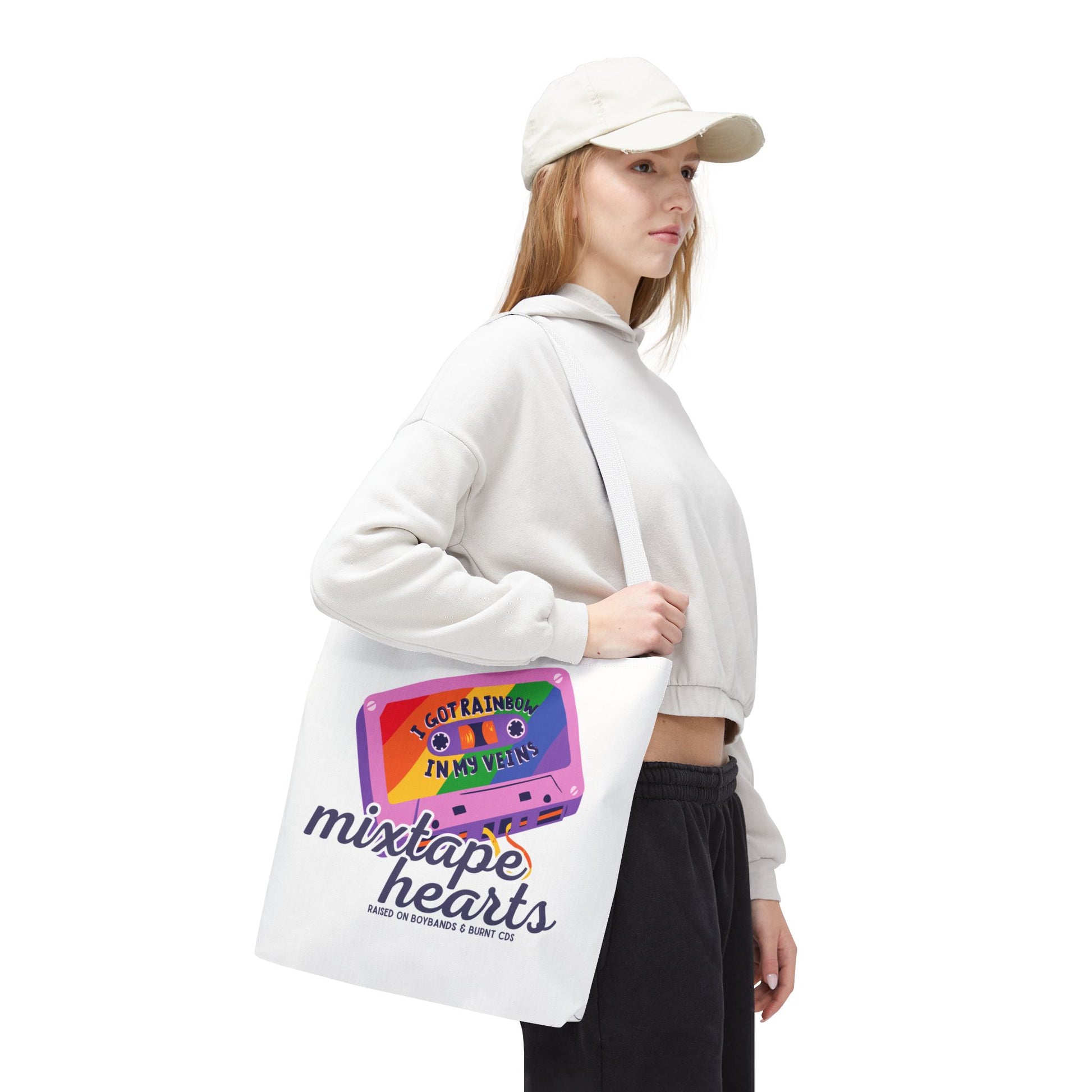 Raised on Boybands & Burnt CDs Tote Bag – Nostalgic Music Tote, Cute Tote, Gift for Fangirls, Fan Merchandise, Artsy Bag, AOP Design - Mixtape Hearts