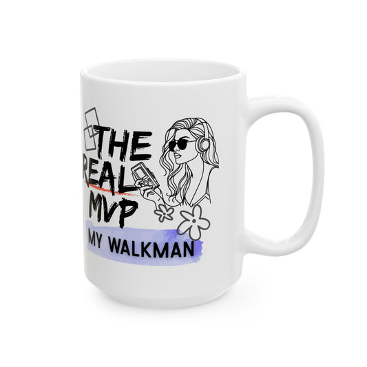 The Real MVP: My Walkman – Vintage 90s Coffee Mug - Fun Coffee Cup for Moms, Gifts for Mother's Day, Personalized Drinkware, Funny Mama Mug, Everyday Use - Mixtape Hearts