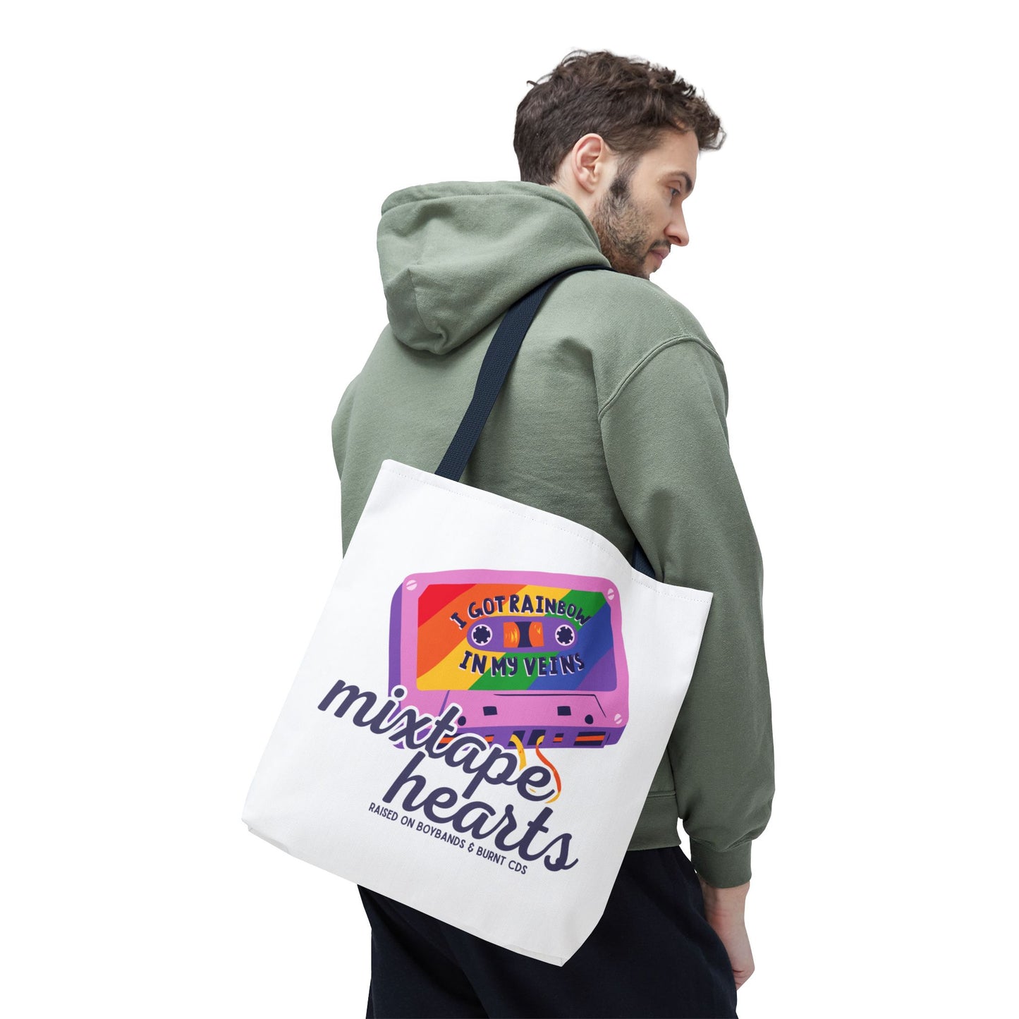 Raised on Boybands & Burnt CDs Tote Bag – Nostalgic Music Tote, Cute Tote, Gift for Fangirls, Fan Merchandise, Artsy Bag, AOP Design - Mixtape Hearts