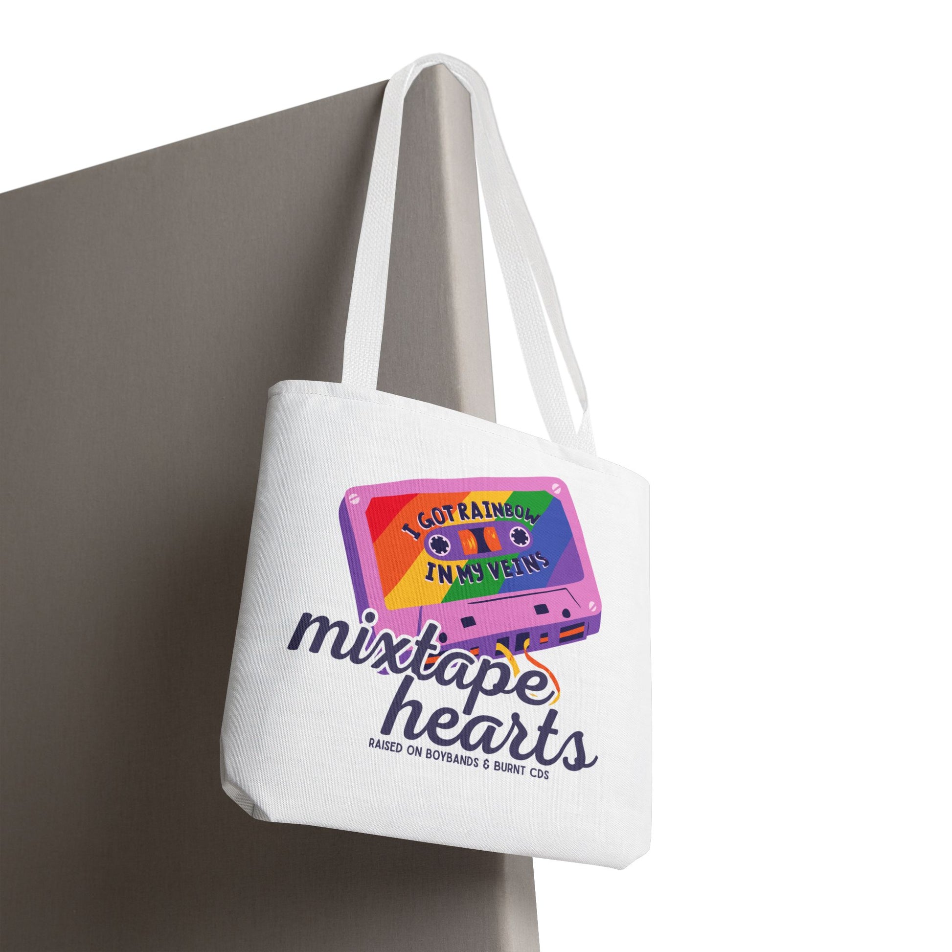 Raised on Boybands & Burnt CDs Tote Bag – Nostalgic Music Tote, Cute Tote, Gift for Fangirls, Fan Merchandise, Artsy Bag, AOP Design - Mixtape Hearts