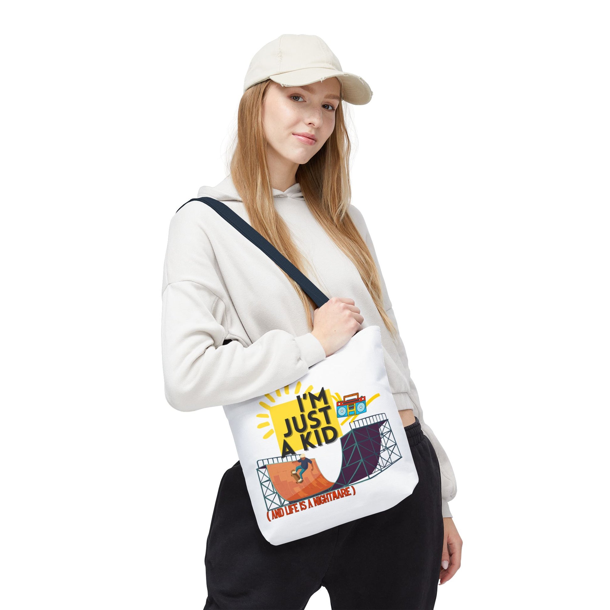 “I’m Just a Kid” Emotional Baggage Tote, Fun Kids Tote, Birthday Gift, School Bag, Everyday Essentials, AOP Design - Mixtape Hearts